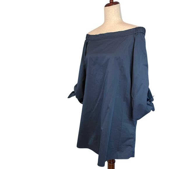 Tibi Off Shoulder Long Tie Sleeve 100% Cotton Shift Dress Navy Size 2 - Picture 6 of 9